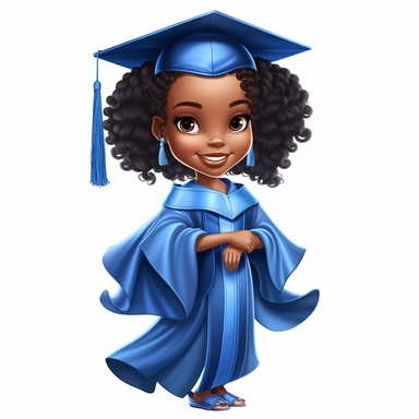 A happy little black girl graduate in royal blue graduation attire, cap and gown, disney clip art