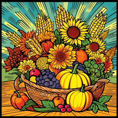 a colorful and bountiful clipart illustration featuring a cornucopia overflowing with autumn fruits, vegetables, and other harvest elements like pumpkins, gourds, and wheat.