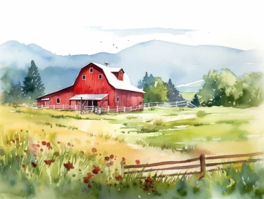 watercolor farm illustration of red barn on a pasture with mountain views stock illustration, red barn on a hill with mountain views, farm clipart, cute, happy, adorable, high quality, soft brush texture, soft colors, Summer Time. Make this image ultra-high resolution,