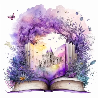 fantasy scene coming out of an open book, castel, florals, magical, watercolors, Clipart, pastel violet color theme