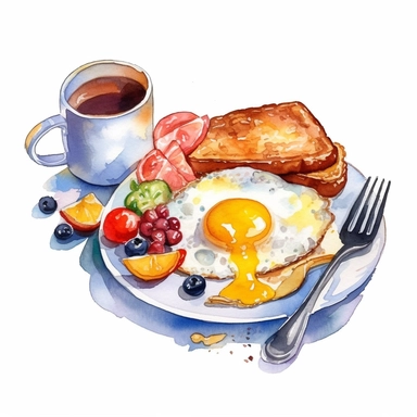 one breakfast time watercolor clip art on a white background, in the style of fine detailed, iconic, weathercore, broad palette knife marks, intense, no watermark, text, words, paintbrush, typography, the images do not stick together