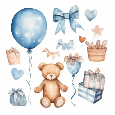 watercolor illustration, cute gender reveal doodle clipart, boy or girl, high resolution, detailed doodle, white background, items clipart for baby shower gender reveal, mom to be