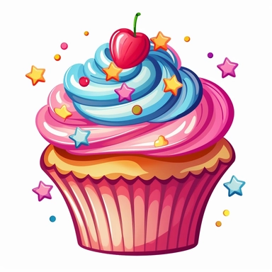 Cheerful cupcake clipart in the style of henry moret, showcasing delicious cupcakes with colorful icing and fun decorations, perfect for birthday parties and celebrations