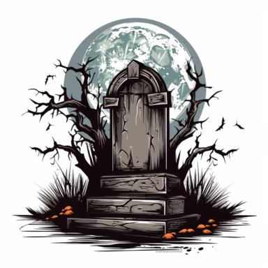 A scary looking tombstone for halloween with large full moon behind it, white background, single design, clipart, vector style graphics, sharp lines