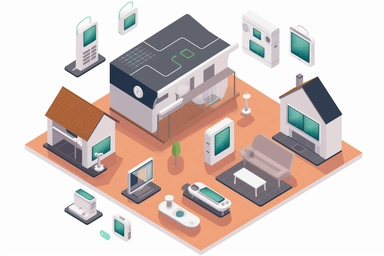 homes equipped with smart technology, including automated appliances and security systems clipart, HD, with white background, spaced out