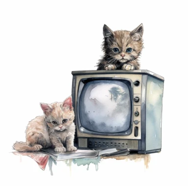 A Cat huging vintage doll on top of the vintage TV , looking at you , water color by thomas W. schaller ,Clipart, White background, Highly detailed,8K, Printable