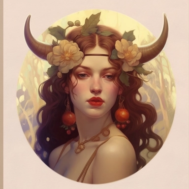 Taurus zodiac sign as fantasy girl with nose ring and earnings, and brown hair, Watercolor Zodiac Sign Clipart Astrology medea, Goddess of taurus, jasons golden fleece, ram horns, dragon, Medea, roses,