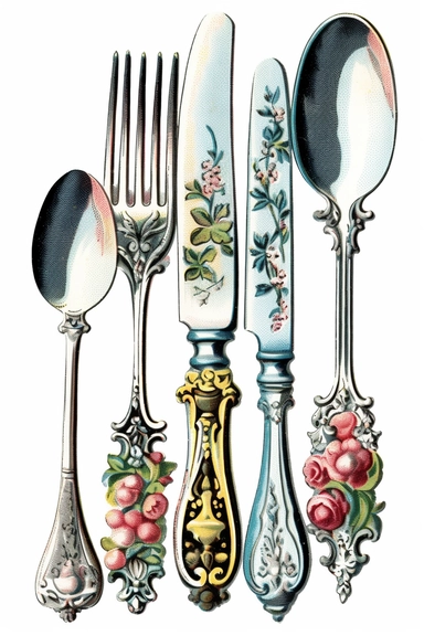 Vintage 1970 Victorian Cutlery Illustration, Chromolithograph, , 1970s Illustration, Vintage, Colorful, Antique, Ephemera, Clipart, 8k, Isolated on white