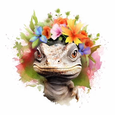 isolated clipart, cute reptile with flowers on its head, highly realistic, flickr, watercolorist, uhd image, multi-layered mixed media