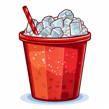 sticker of a solid red plastic bucket with crushed ice and a straw, clipart