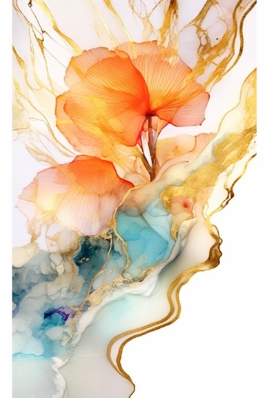 beautiful gorgeous alcohol ink of gold serene nature scene with a central focus on a coral reef, gentle wave , minimalist style, crystals, glam, glossy, glitter texture, liquid ink clipart, modern and stylish design, bright colors, 300 dpi, clear decoration, clear white background, highly detailed digital art, 8k