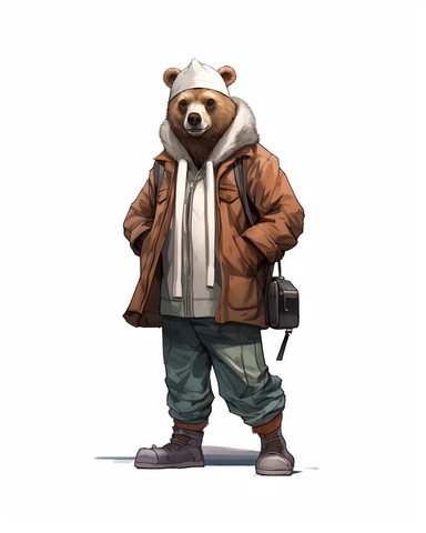 brown bear in a white tracksuit ,wearing a hat,full body shot,with jean jacket,brown pans,boots,scarf,contrasting colors,style of Anna Süßbauer and Jon Klassen,vector, realistic hyper-detail, in the style of victorian-inspired illustrations,realistic shading, pictorial fabrics, contest winner, organic designs, on a plain white background, clipart, masterpiece, trending on Artstation and Dribbble.