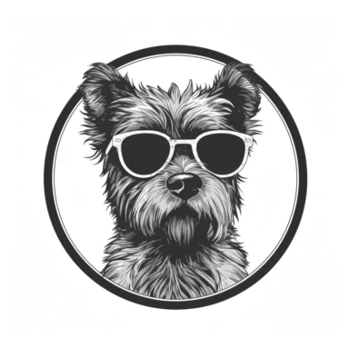 Australian Jungle Terrier wearing sunglasses , vintage, detailed, logo, clean, solid color, black and white color, clip art style, vector style, white background, i can't believe how cool this is