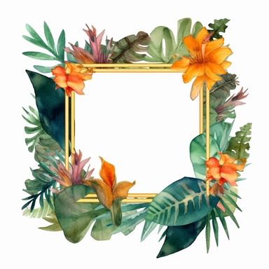 an empty frame surrounded by tropical flowers clipart, shades of gold and deep dark green, watercolor