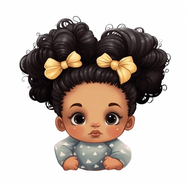 Cute Pekapoo baby black new born girl clipart with two massive hair buns in colorful cloth, white background