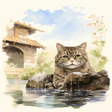 Domestic Shorthair cat happily soaking in the famous open-air hot spring in Niigata, Japan, Clipart Watercolor By Yuzo Komori. clean line, white background, spaced out