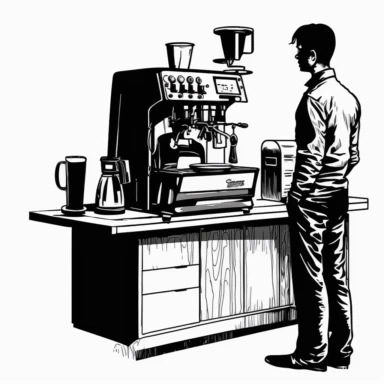 a person standing in the kitchen with a coffee machine on the counter, clipart, vector graphics, monochrome