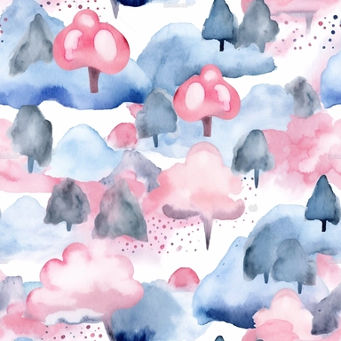 watercolor clipart blue and pink clouds and waterfalls cartoon style