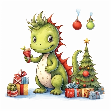 Christmas tree with toys, cute funny avocado green dragon, red cardigan, snow, winter, style by Lusy Fleming, folk art, watercolor, clipart elements, smooth gradients, black contour outline, ultra detailed, white background, super clear, high quality