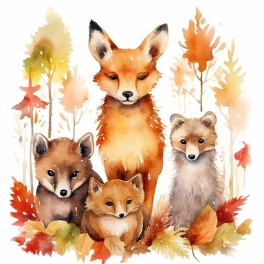 fall forest animals clipart, watercolor effect, high definition, red gold orange green brown, centered, white background, image only