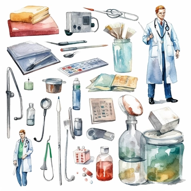 watercolor doctor related scenes , illustrations clipart set, simple, , cartoon elements ,different variants , glucometer, insulin syringe, nurse, doctor, stethtescope, mechanical body weighing scale, tweezers, microscope, ambulance, , separate elements with a margin