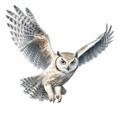 A Cute Owl Flying. Watercolor hyper-realistic detailed animal illustrations, elegant brush strokes techniques, delicate markings, monochromatic paintings, free brushwork, watercolor illustrations, painted illustrations Clipart, White Background