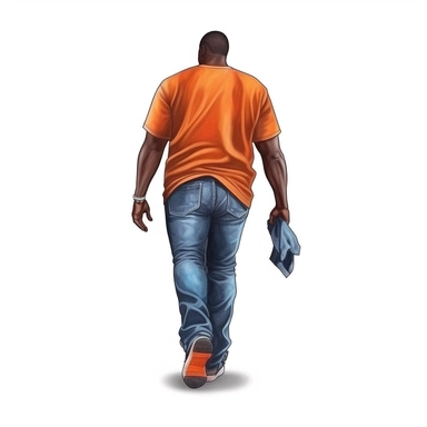 a heavyset and muscular african man with a bright orange tshirt and wrangler-style blue jeans walking away from the camera in the style of hyper-realistic digital airbrushing, sticker, clipart, vector, contour, white background