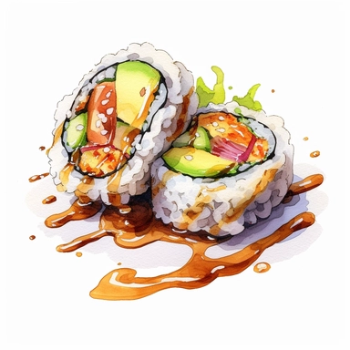 watercolor, hyper realistic, white background, white margins, 16k, ultra detailed clipart, cut out image, hand-drawn a colorful dragon roll, showcasing a delicious combination of shrimp tempura, avocado, and cucumber, topped with slices of eel and drizzled with savory eel sauce. in the style of anime art, frostpunk, photo-realistic drawings, villagecore, lively and energetic, high quality, anime