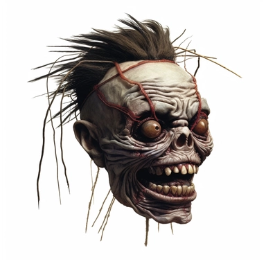 a voodoo shrunken head with mouth sewn shut, calm expression, dark shrivelled skin, pastel, photorealistic, hyper realistic, ultra high-detail, dark outlines, white background, clipart,