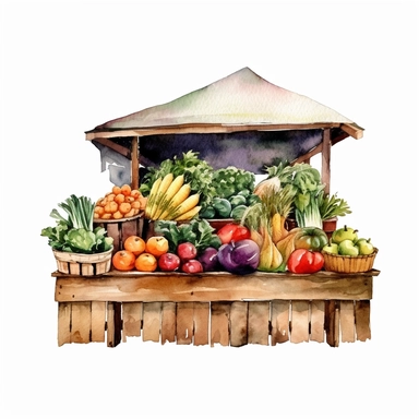 watercolor colorful clipart of a bountiful farmer's market, hd, on white background