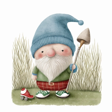 A watercolor painting of gnome playing golf, Gonk, cute gnome boy, golfing gnome, cute detailed digital art, inspired by nicoletta ceccoli, by Kubisi art, whimsical and cute, by nicoletta ceccoli, cute detailed artwork, glimmering, adorable and whimsical, whimsical art, Clipart style, png style, svg style, blank white background, a solid white background