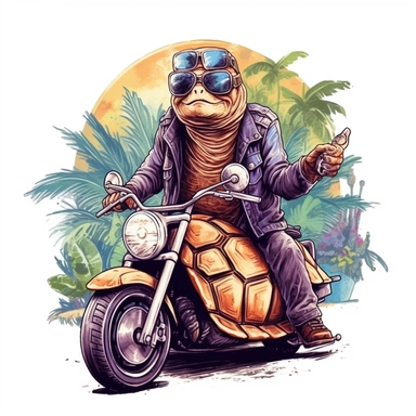 Create a clipart of a cute turtle in a leather jacket riding a vintage motorcycle. Strong and vibrant colors. Jungle trees before a White Background, soft lighting.
