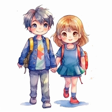 cute children back to school clipart, new normal, in the style of vibrant manga, single object, watercolor illustration, high definition 24k, white background for removing background