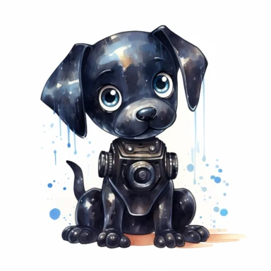 watercolor kawaii black robot dog clipart on a white background
