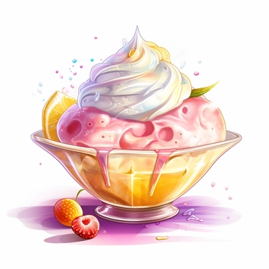 a drawing of a dessert featuring candy and whipped cream, icecream sundae, lemon, glass bowl, in the style of pastel toned, shiny/glossy, colorful fantasy realism, caffenol developing, warmcore, #screenshotsaturday, rubens, white background, isolated, free brushstrokes, watercolor illustration, clipart,