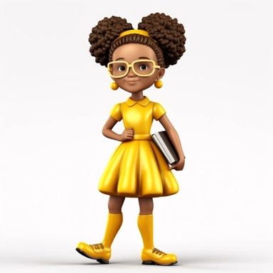 a cartoon 9 year old girl with beautiful curly afro hair in two ponytails, glasses and a yellow dress with white socks and black shoes, in the style of afro-american influence with dark melanin skin tone, realistic color palette, studio portrait, bold cur