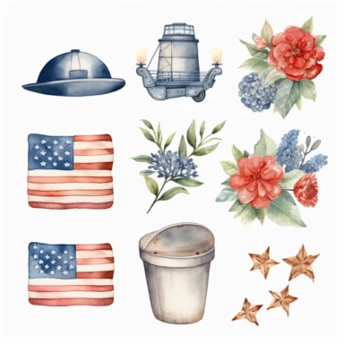 create some beautiful watercolor clip art for memorial day, white background