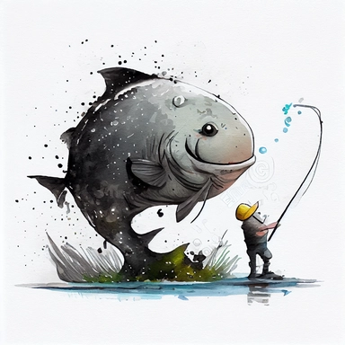 funny big sish going to fishing big fish, CLIPART, watercolor, ink, ultra-detailed, cartoon style, white background, black outside lines –testp,