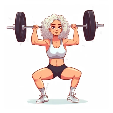 White Female Olympic weightlifting, Blond hair, squatting with barbell over head, detailed face, detailed hands, long beautiful hair, sports clothes, cartoon art, clipart style, solid white background