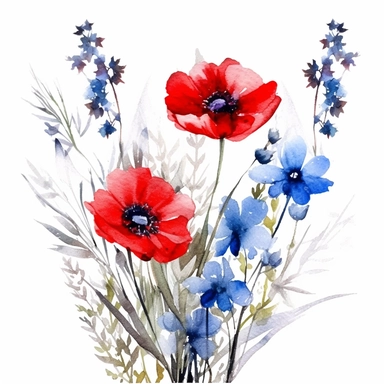 Clipart, beautiful field flowers isolated in blue and red , watercolor paints, isolated objects on white background, digitally rich, beautiful combination, high quality, 8K – q 2 – s 750