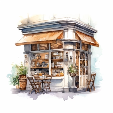 watercolor, hyper realistic, white background, white margins, 16k, ultra detailed clipart, cut out image, hand-drawn a cozy coffee shop scene, in the style of pencilsteampunk, delicate watercolor, creative commons attribution, miniaturecore, grocery art, white and amber, website