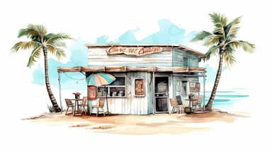 Beach Coffee shop clipart water color light blue retro style