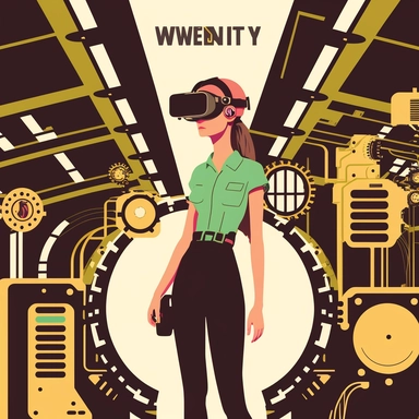 worker wearing vr headset, girl, woman, standing in an assembly plant, gauges, coding, vr developer, virtual reality, poster, simplistic, abstract, vector, 2d illustration, clipart, few colors