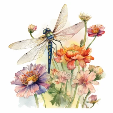 artwork in the style of cicely mary barker, clipart, whimsical watercolour illustration of a cute dragonfly and flowers, very colourful, watercolor clipart, book cover illustration, hyper HD, white background