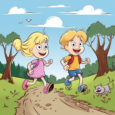 Create a vector illustration, Cartoon children's drawing, in a cartoon style for a children's book depicting two blond 4-year-old children, a boy and a girl, children running in the distance, pig, svg, white background, vector, logo, sticker, bright colors, 3 colors, 2D, graphics, procreate, adobe illustrator, photoshop, Watercolor , isolated on a white background, simple, graphics, clipart, procreate, 8k, 3D, realistic flat