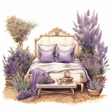Enchaneted garden sweet country bedroom with lavender plants clipart, small lavender theme picnic, golden tone, watercolor, lavender plant, wildflower, woodland, png, soft light, intricate retro details, isolation, white background, procreate, 8k, highly detailed