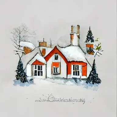 christmas, cute English country cottage, symmetrical, winter, snow, watercolor, clipart