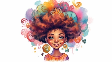 A delightful clipart portraying an African American girl with an intricately textured hairstyle, dressed in fashionable and whimsical attire that exudes her playful spirit. The artwork is rendered in a watercolor art style, with bold brushstrokes and vibrant hues, evoking a sense of joy and spontaneity. The high-resolution and transparent background add a touch of elegance to the overall composition.