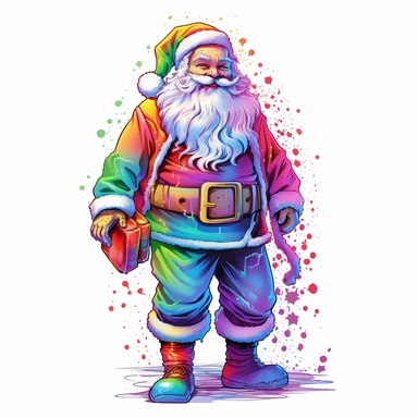 Full body of Santa Claus, style by Lisa Frank, watercolor, smooth gradients, black contour outline, ultra detailed, clipart elements, vibrant colors, solid white background, super clear, high quality