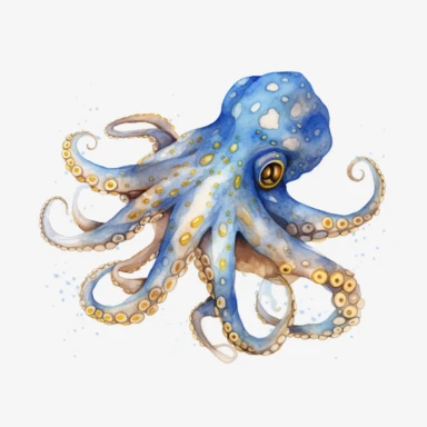 watercolor, Octopus has a glittering blue and gold body. png Full body realistic cartoon in 32K UHD cute. 15 cm thick outline. There was no shadow on the ground. 8k with realistic watercolors and detailed illustrations. PNG clipart, transparent white back